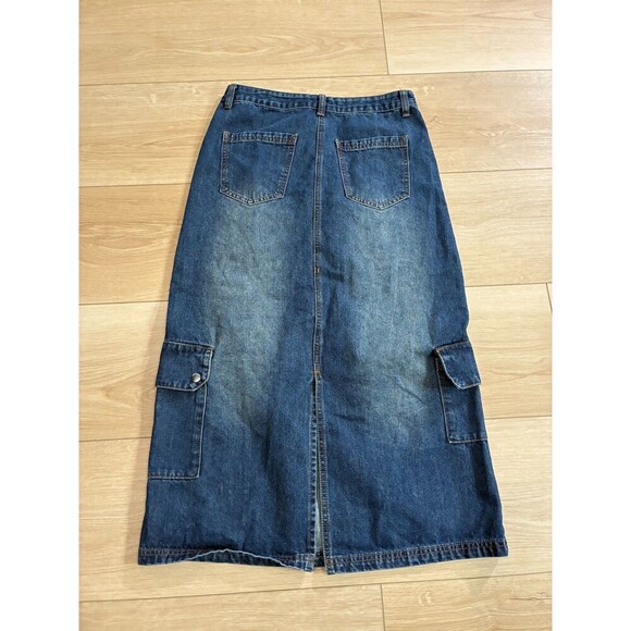 Social Collision Womens Denim Midi Skirt Blue Cargo Pockets Size SM - Picture 2 of 7
